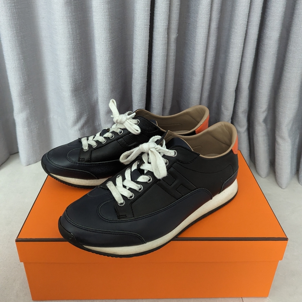 Men's Hermes navy and black leather sneakers